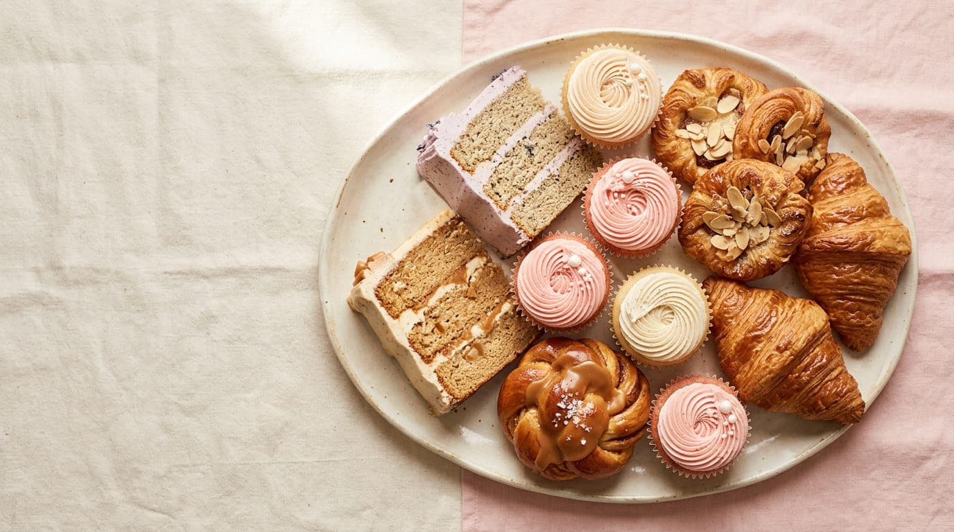 Warm bakery counter with fresh cakes, cupcakes, and fruit platters on display