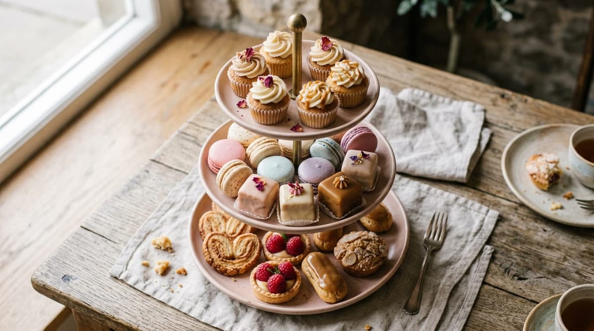 An overhead view of a tiered serving platter filled with assorted cupcakes, small pastries, and decorated treats in coordinated pastel colors, ready for an event or celebration.