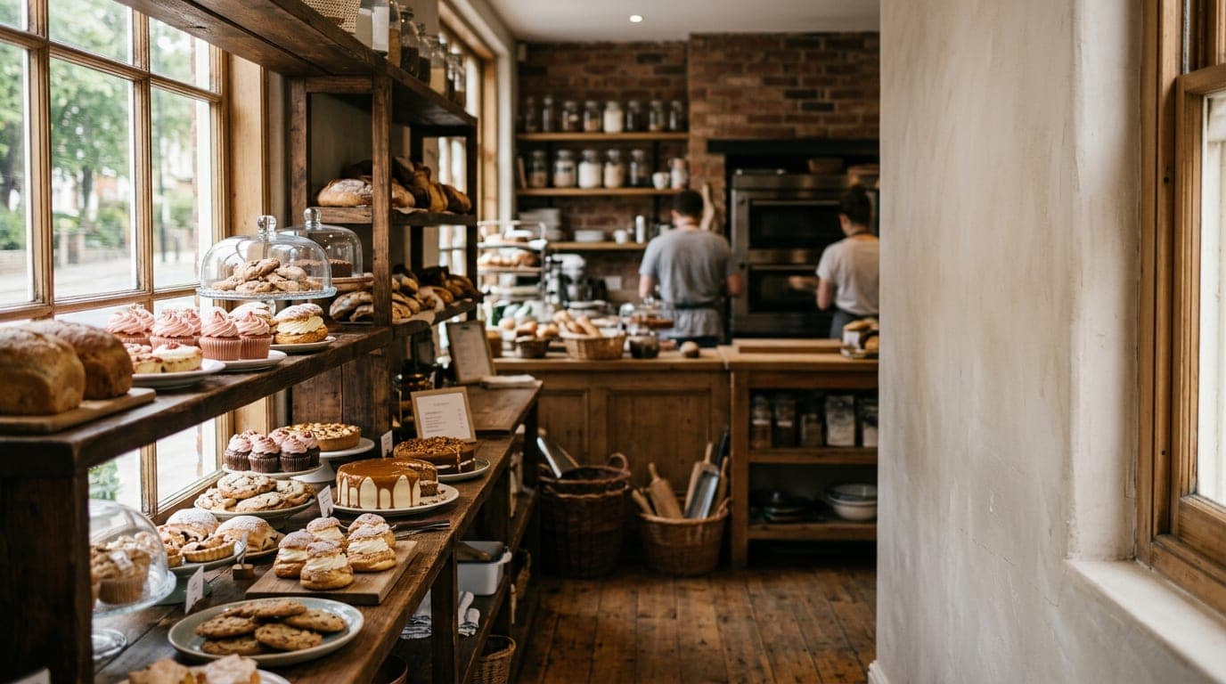 Warm bakery counter with fresh cakes, cupcakes, and fruit platters on display